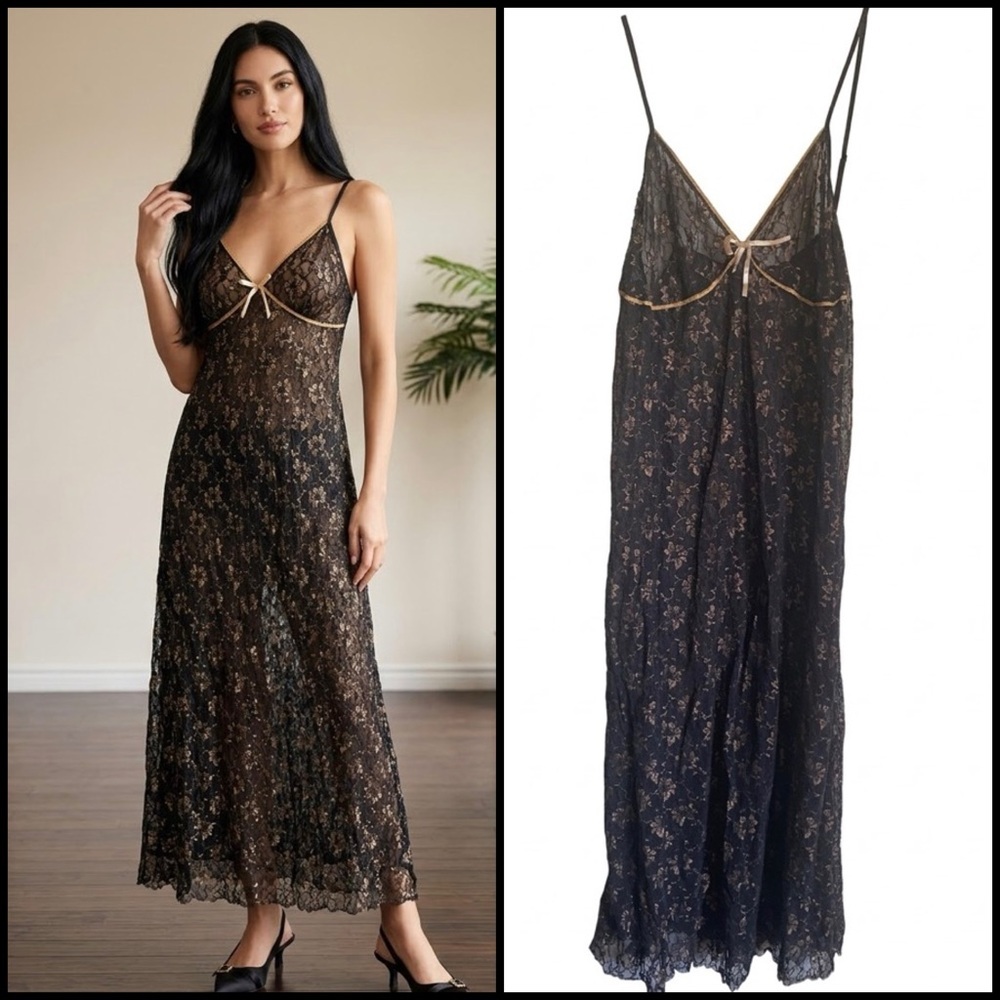 VTG Midnight Velvet Black Semi-sheer Lace Slip Coquette Maxi Dress Gold Trim 3X